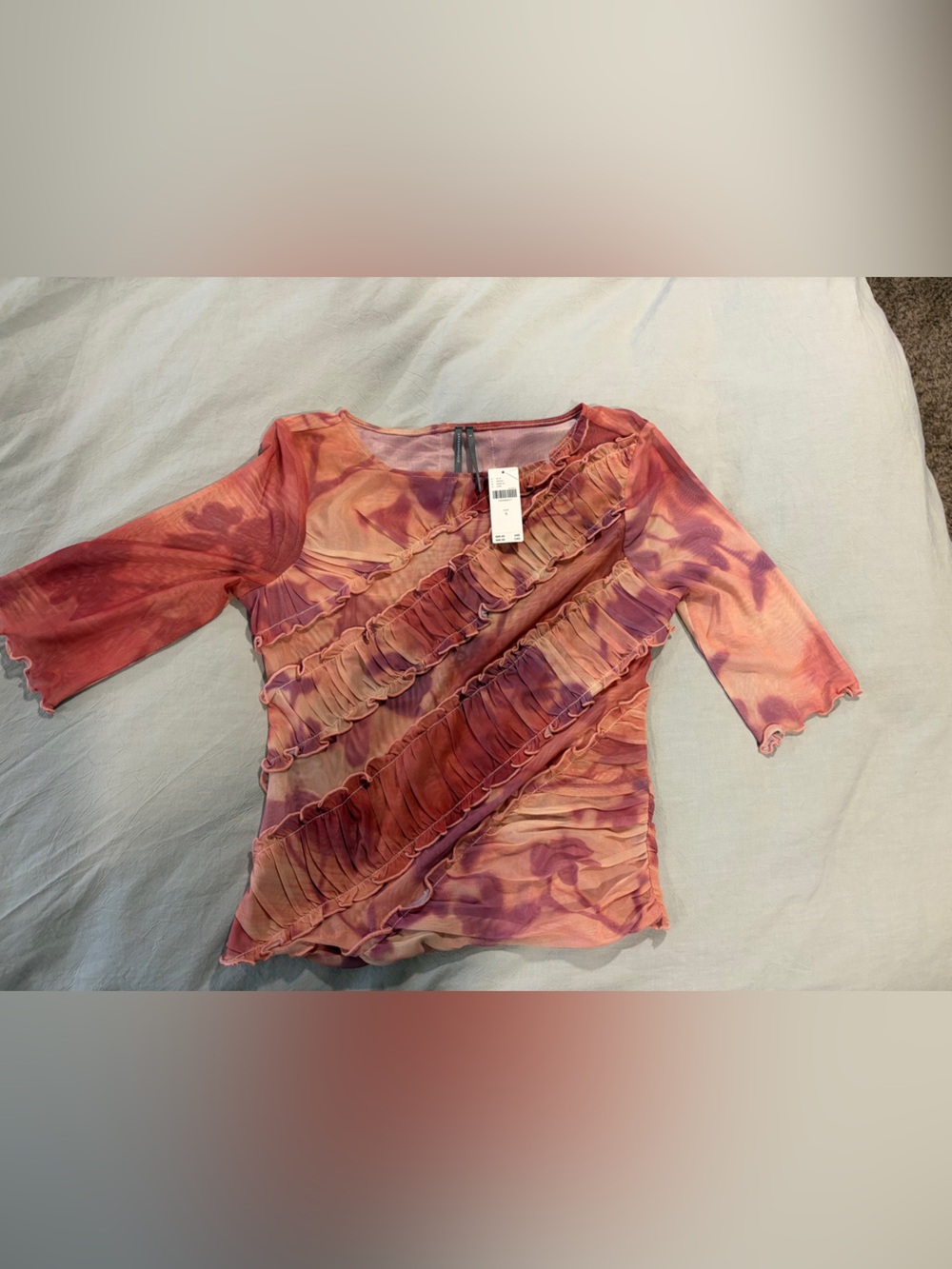 NWT Anthropologie Mesh Pink Ruffle Shirt Top Small
